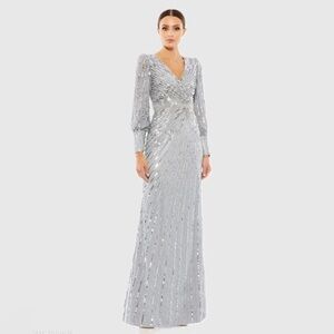 *Flawed Mac Duggal 5501 NWT Silver Sequined Wrap Over Bishop Sleeve Gown